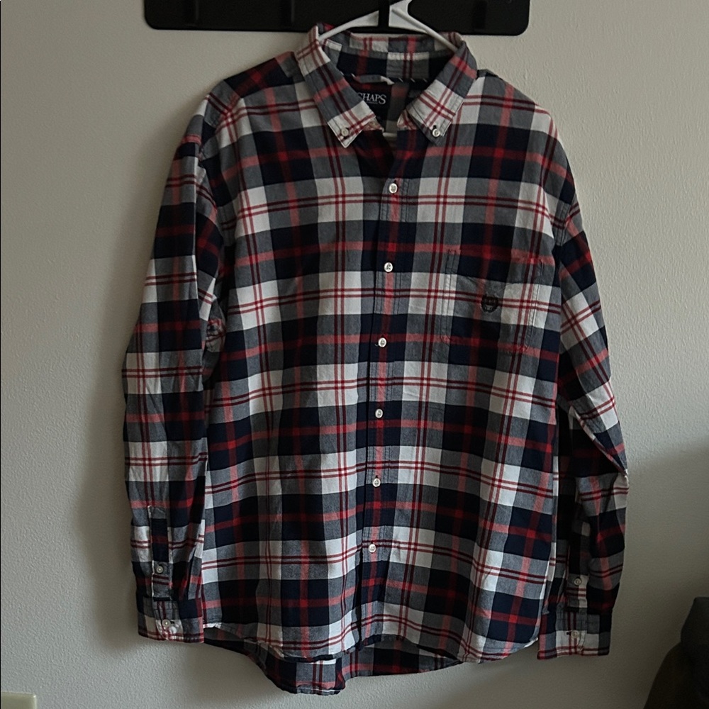 Chaps Men's  Classic Casual Oxford Cotton Plaid Shirt - Navy/Red/White..XL